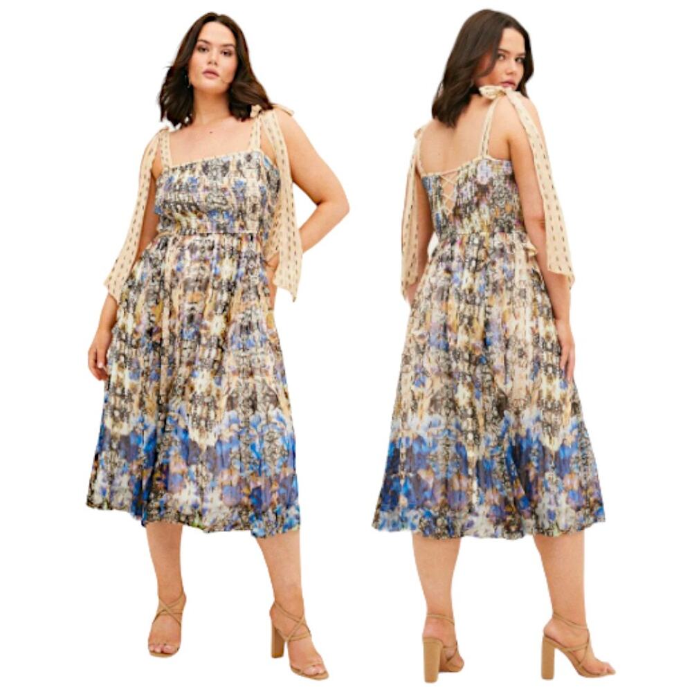 Karen Millen Placed Border Print Tie Strap Metallic Smocked Midi Dress US 20